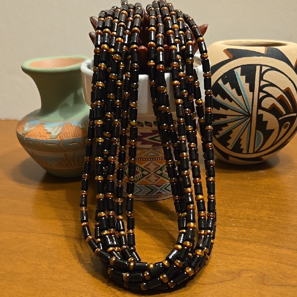 Desert Rose Trading -  Multiple Strands Of Black Coral And Gold Beaded Necklace